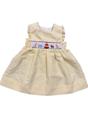Anavini 12mo Yellow Striped Dress with Noah’s Ark Embroidery and Ruffled Sleeves